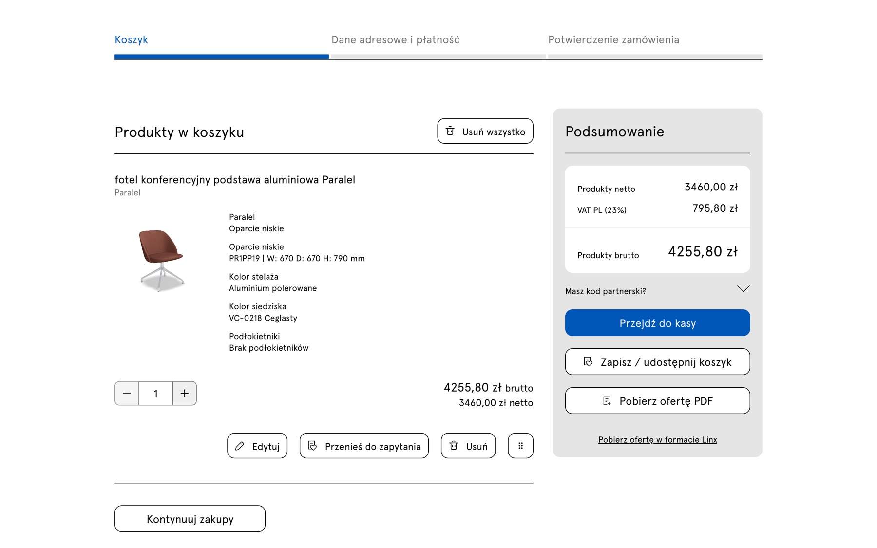 The .mdd checkout: a cart with the Paralel armchair, its full configuration (backrest, frame, seat colour) and a net, VAT and gross summary.