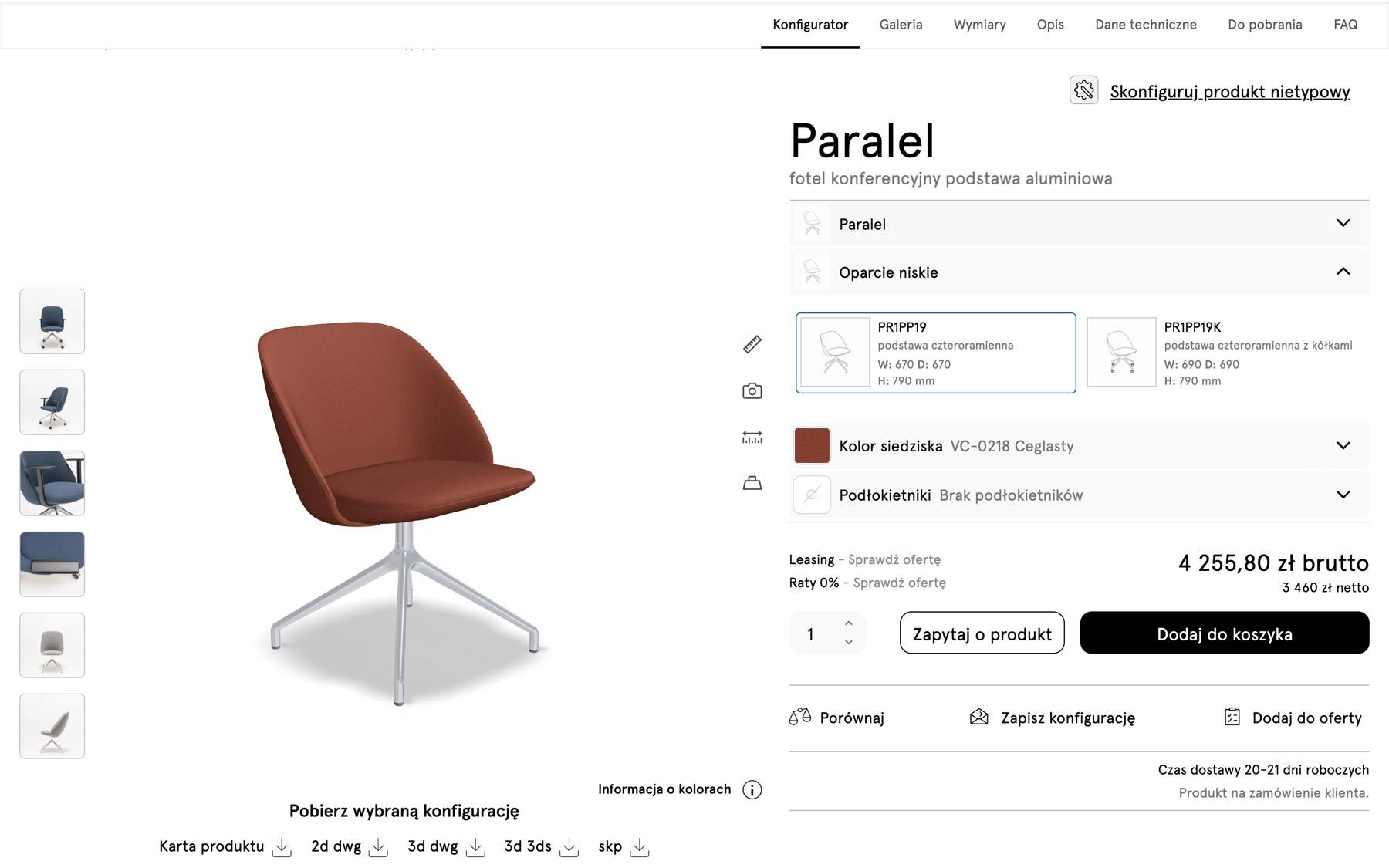 The .mdd 3D configurator: the Paralel armchair in brick-red upholstery on a polished aluminium base, with backrest options, seat colour and price.