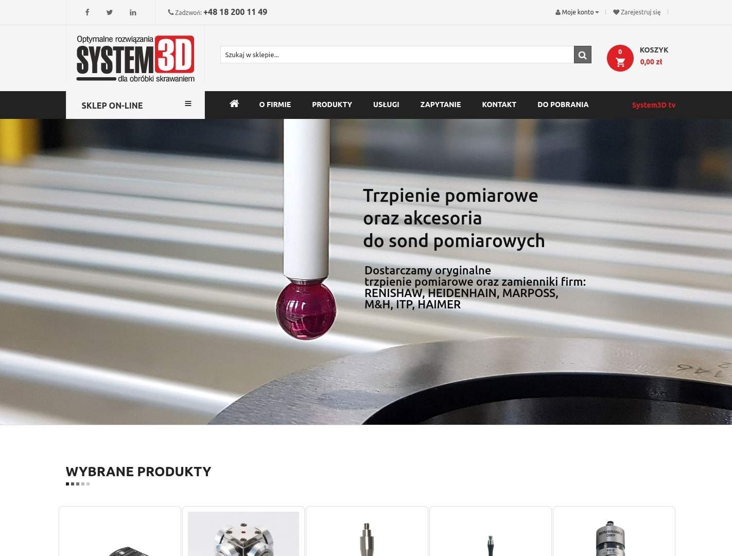 Strona główna sklepu System 3D w widoku desktop – logo „SYSTEM 3D dla obróbki skrawaniem”, nawigacja B2B (O firmie, Produkty, Usługi, Zapytanie), hero z trzpieniem pomiarowym i hasłem o akcesoriach do sond pomiarowych marek Renishaw, Heidenhain, Marposs, Haimer.