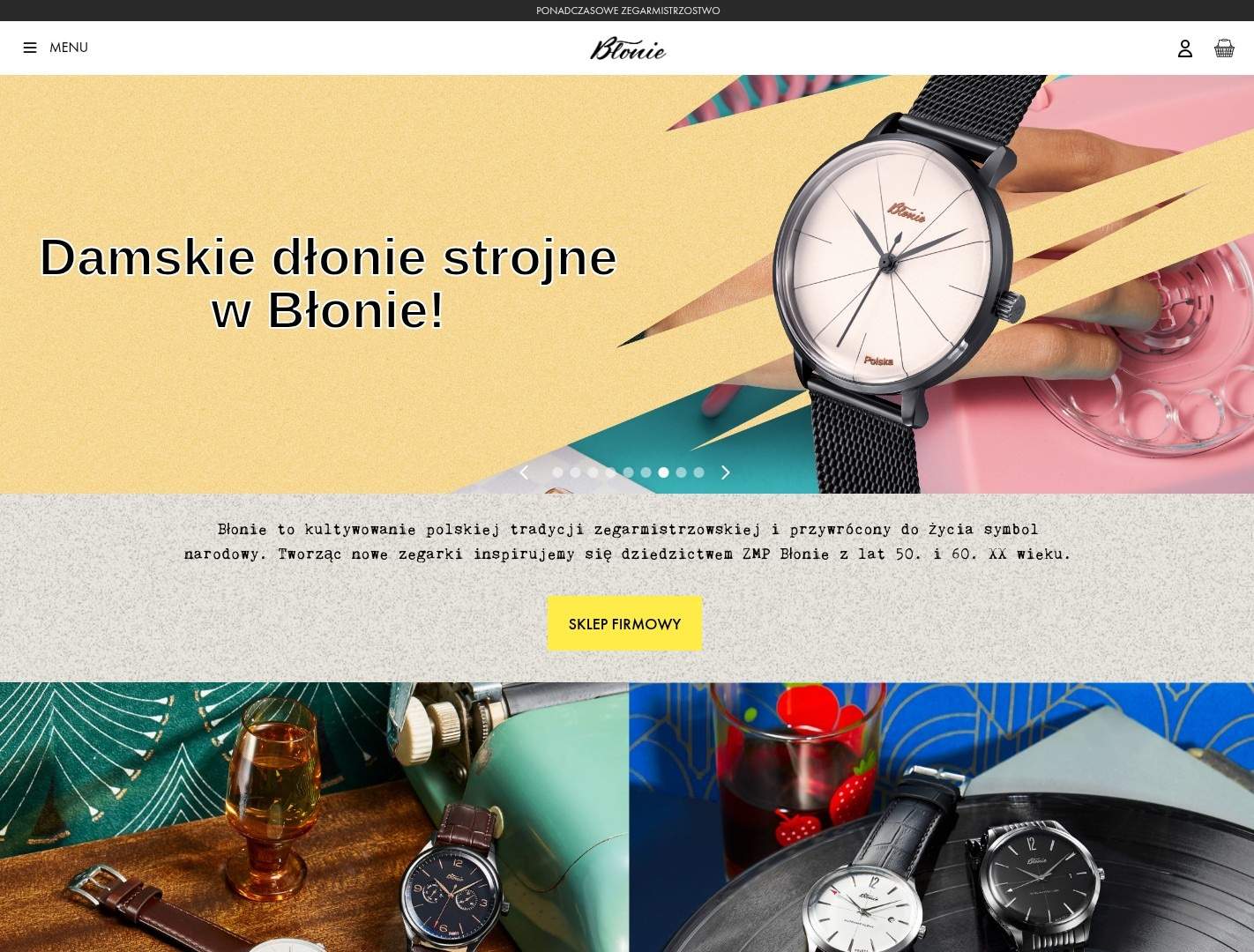 Strona główna sklepu Zegarki Błonie w widoku desktop – pisane logo Błonie, hero z close-upem zegarka na kolorowym, geometrycznym tle, dziedzictwowa narracja o tradycji zegarmistrzowskiej ZMP Błonie i przycisk „Sklep firmowy”.