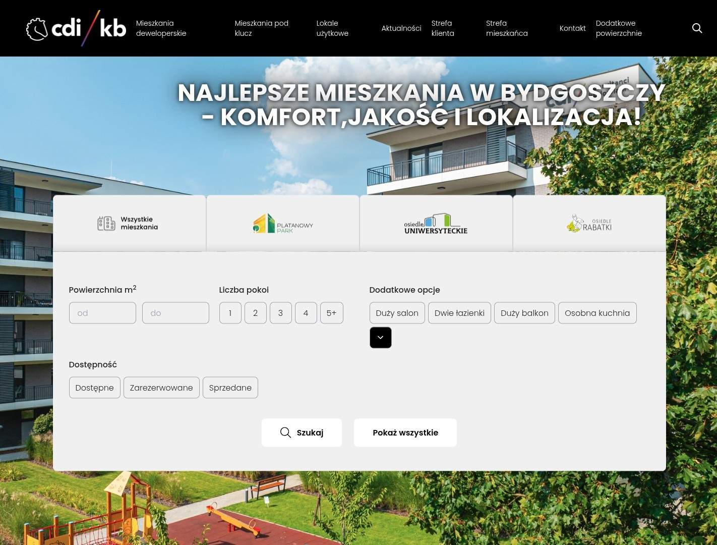 Strona główna portalu CDI KB w widoku desktop – logo cdi/kb, nawigacja i hero z renderem osiedla oraz wyszukiwarką mieszkań (powierzchnia, liczba pokoi, dostępność) z logami inwestycji Platanowy Park, Osiedle Uniwersyteckie i Osiedle Rabatki.