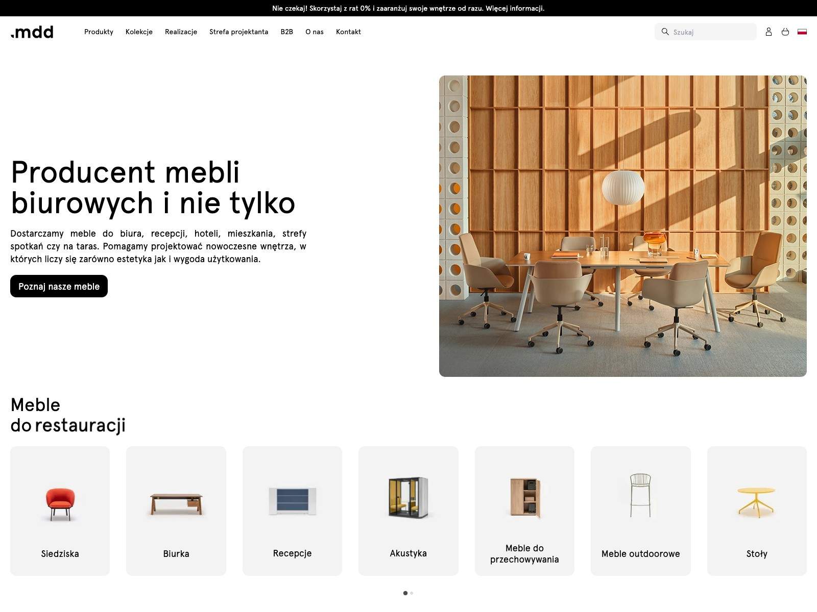 Strona główna sklepu .mdd na Hyvä w widoku desktop – logo .mdd, nawigacja i sekcja hero „Producent mebli biurowych i nie tylko” z dużym renderem nowoczesnego wnętrza biurowego.
