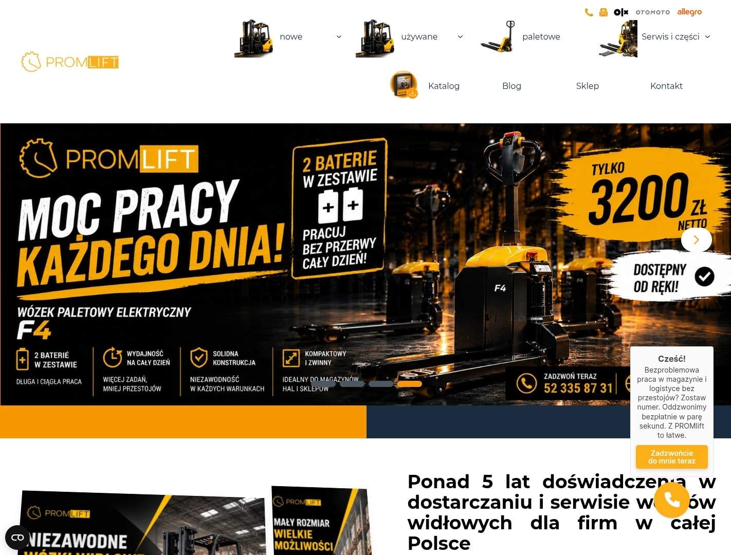 Strona główna serwisu Promlift w widoku desktop – logo PROMLIFT, nawigacja z kategoriami wózków (nowe, używane, paletowe, serwis i części), baner promocyjny „Moc pracy każdego dnia!” z elektrycznym wózkiem paletowym F4 oraz telefonicznym wezwaniem do kontaktu.