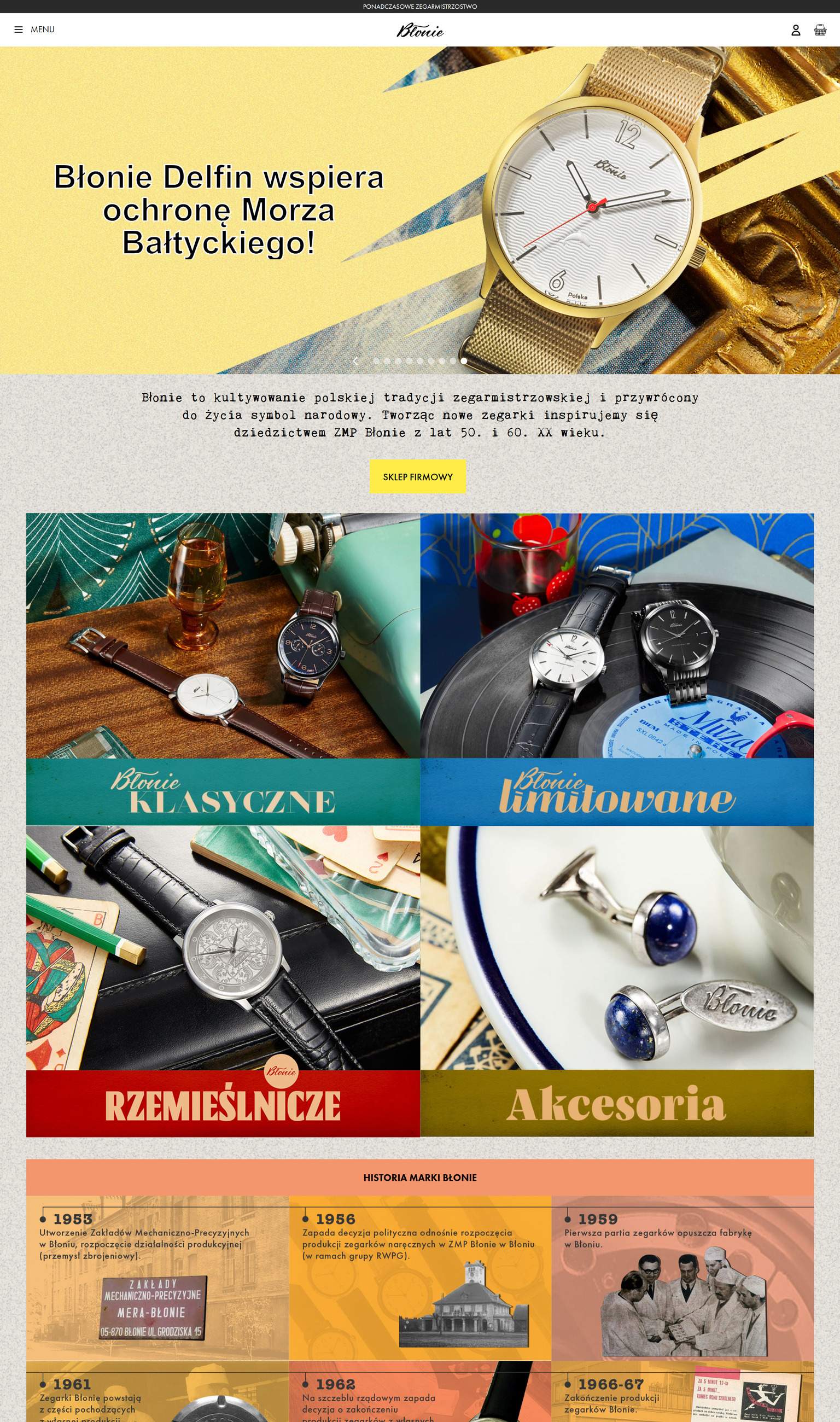 Strona główna sklepu Zegarki Błonie w widoku desktop – pisane logo Błonie, hero z close-upem zegarka na kolorowym, geometrycznym tle, dziedzictwowa narracja o tradycji zegarmistrzowskiej ZMP Błonie i przycisk „Sklep firmowy”.