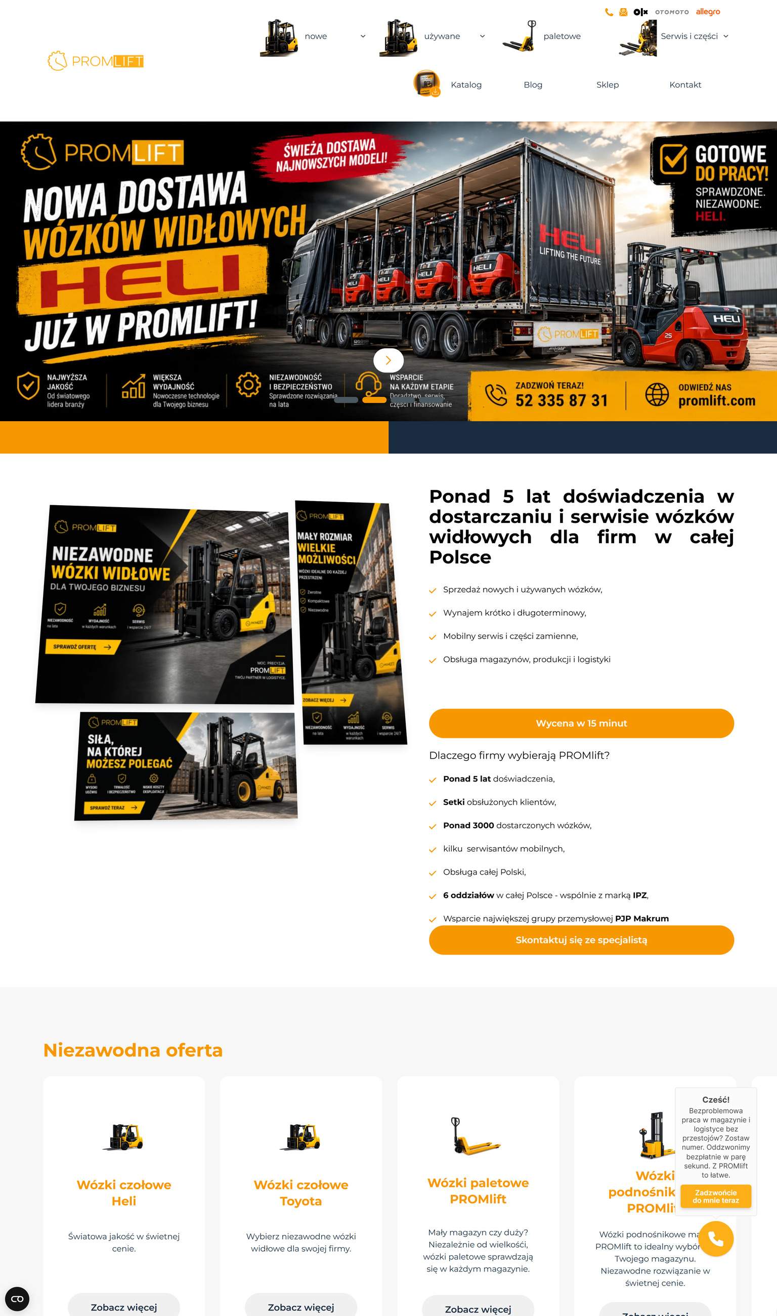 Strona główna serwisu Promlift w widoku desktop – logo PROMLIFT, nawigacja z kategoriami wózków (nowe, używane, paletowe, serwis i części), baner promocyjny „Moc pracy każdego dnia!” z elektrycznym wózkiem paletowym F4 oraz telefonicznym wezwaniem do kontaktu.