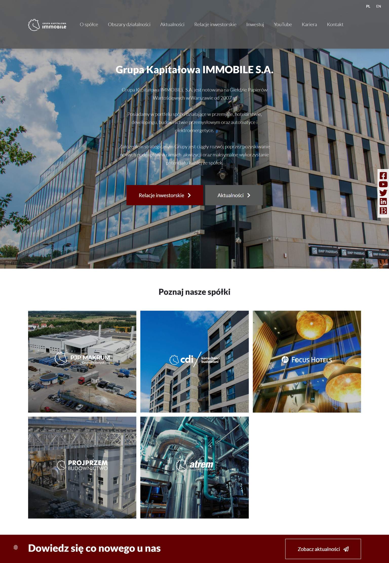 Strona główna serwisu Grupy Kapitałowej IMMOBILE w widoku desktop – szare hero z logotypem Immobile, nawigacją korporacyjną, nagłówkiem „Grupa Kapitałowa IMMOBILE S.A.” oraz przyciskami do relacji inwestorskich i aktualności.