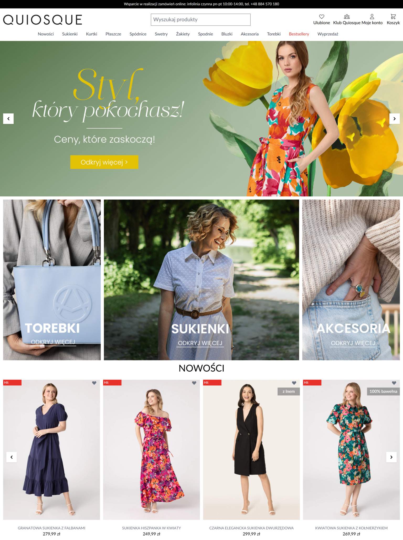 Strona główna sklepu Quiosque w widoku desktop – logo QUIOSQUE, pełna nawigacja kategorii (Nowości, Sukienki, Kurtki, Płaszcze…), Klub Quiosque i wyszukiwarka oraz edytorialowy hero „Zainspiruj się wiosną – SALE” z sesją w kwiecistej sukience i przyciskiem „Kup teraz”.